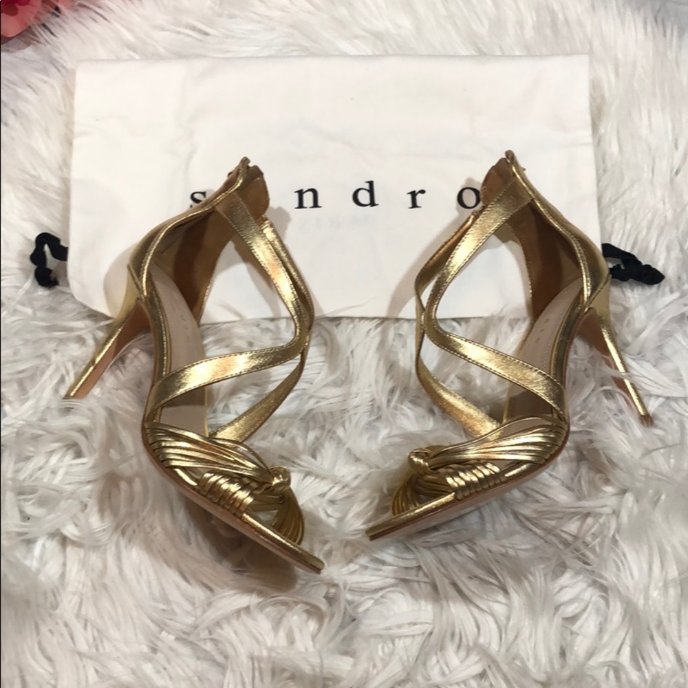 Sandro Elisa Gold Knotted Open Toe Heels - Picture 4 of 9